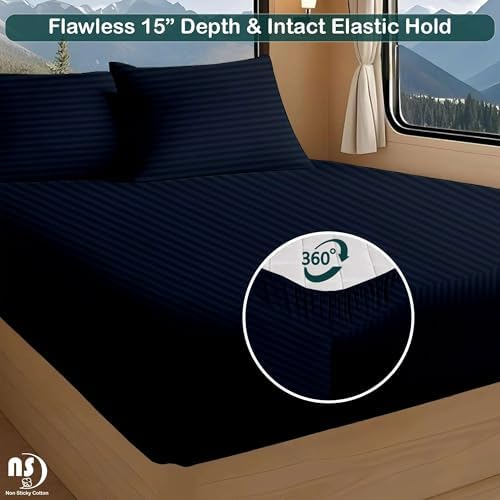 NON Sticky cotton RV Short Queen 4 Piece Sheet Set, 100% Long Staple Cotton, Soft Cooling Hotel Luxury Bedding Sheets, Deep Pocket Fits 15" Mattress, 60" x 75", Navy Blue Stripe