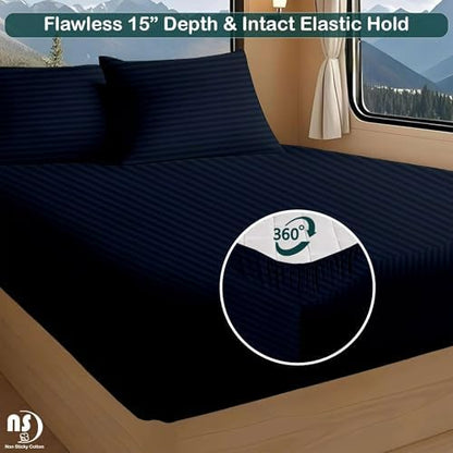 NON Sticky cotton RV Short Queen 4 Piece Sheet Set, 100% Long Staple Cotton, Soft Cooling Hotel Luxury Bedding Sheets, Deep Pocket Fits 15" Mattress, 60" x 75", Navy Blue Stripe