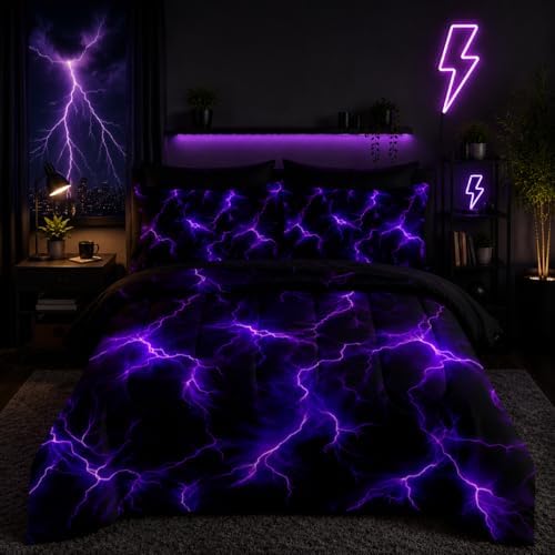 Nttopship Violet Lightning Comforter Set Full Thunder Bedding Sets 7PCS,Purple LightLight 7 Piece in A BagLight Violet Lightning Bedding Set 7 Piece in A Bag,Bed Sheet Set Abstract Decor All Seasons