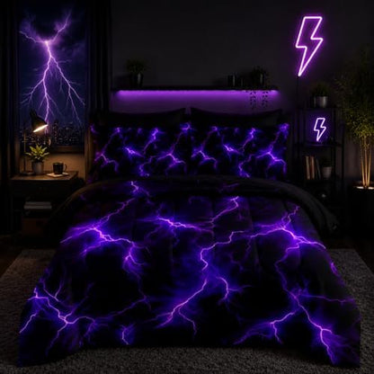 Nttopship Violet Lightning Comforter Set Full Thunder Bedding Sets 7PCS,Purple LightLight 7 Piece in A BagLight Violet Lightning Bedding Set 7 Piece in A Bag,Bed Sheet Set Abstract Decor All Seasons