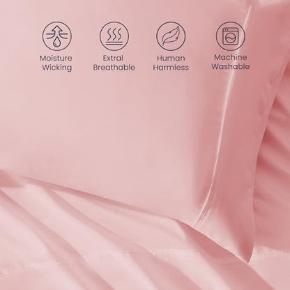 SLEEP ZONE Nanotex Super Soft Cooling Queen Bed Sheets Set 4 Piece - Easy Care Fitted Flat Sheet & Pillowcase Sets - Wrinkle Free, Fade Resistant, Deep Pocket 16" (Ballet Pink, Queen)