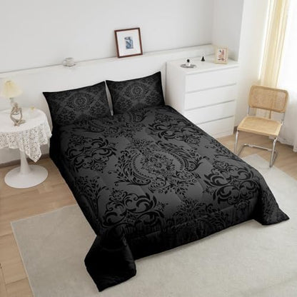 Feelyou Black Gothic Damask Floral Comforter Set Full Size Bedding Set