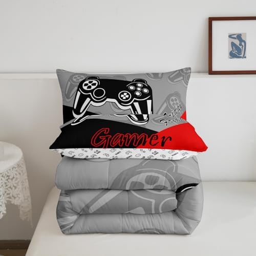 Feelyou Kids Gaming Toddler Size Comforter Video Game Bedding Sets for Child Boys Teen Gamer Down Comforter All Season Reversible Game Controller Home Decor,1 Comforter with 1 Pillowcase, Red