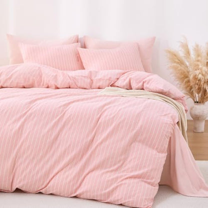 Wake In Cloud Striped Cotton Duvet Cover Set, Pink, Full