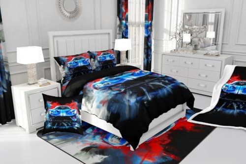 Erosebridal 3 Pieces Race Car Comforter Set King Size Blue Sports Car Bedding Sets for Boy 3D Racing Cars Comforter with 2 Pillowcases,Cool Race Cars Room Decor for Kids Teens,Comfortable and Soft