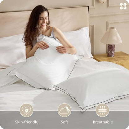 Bedsure PureWoven 100% Cotton Percale Duvet Cover King, Leaf Edge, White