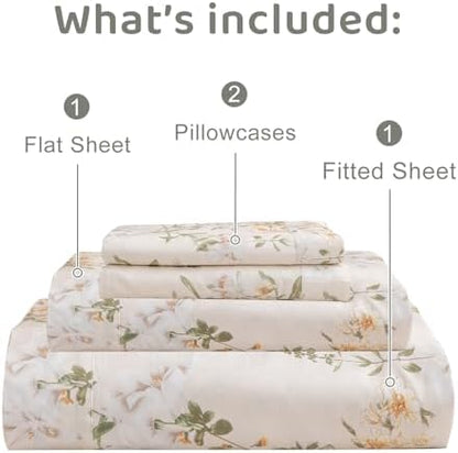 QSH Floral Queen Size Sheet Sets - 100% Egyptian Cotton Sheets Elegant Yellow Green Leaves Pattern Printed Bedding Sheets Queen Size Bed Extra Soft and Breathable 4pcs Deep Pockets Bed Sheets