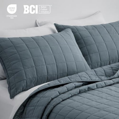 EVERGRACEHOME 100% Cotton Box Stitch Quilt Set, Oversized King, Midnight Blue