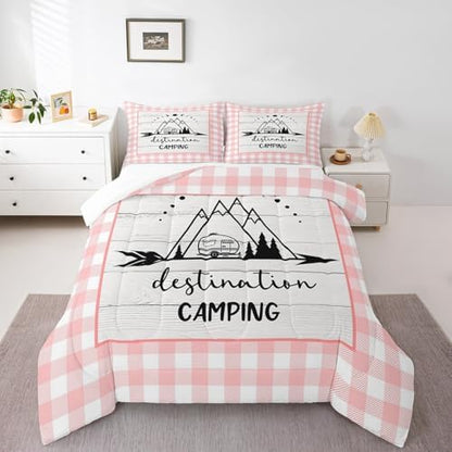 Happy Camping Comforter Set Twin Size,Camper RV Trailer Decor Bedding Set 2pcs for Kids Boys Girls Adults,Rustic Wooden Plank Geometric Grids Down Comforter,Pink Romantic Duvet Insert,1 Pillowcase