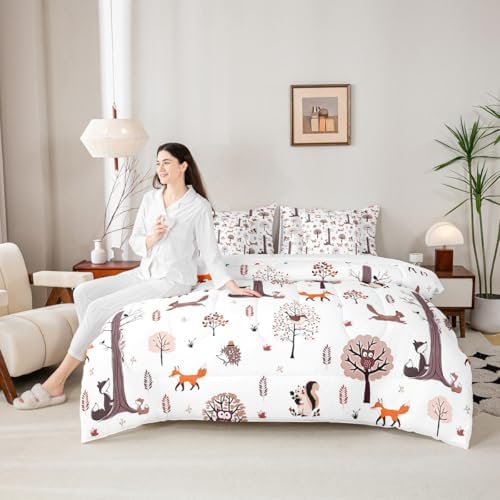 Feelyou Wild Animal 7 Piece Bedding Set Fox Squirrel Owl Comforter Set with Sheets for Kids Boys Girls White Brown Bed in a Bag Cute Animal Bed Set Soft Lightweight
