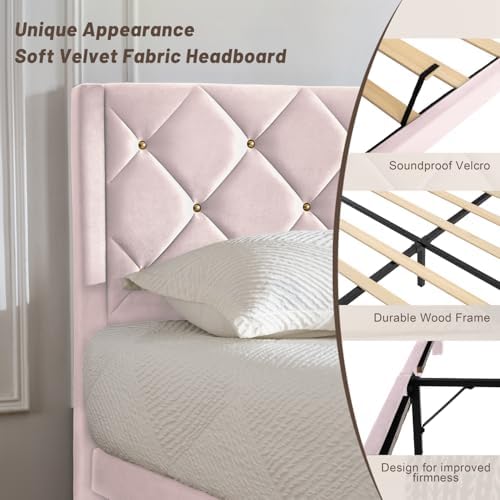 Queen Size Platform Bed Frame with Velvet Headboard