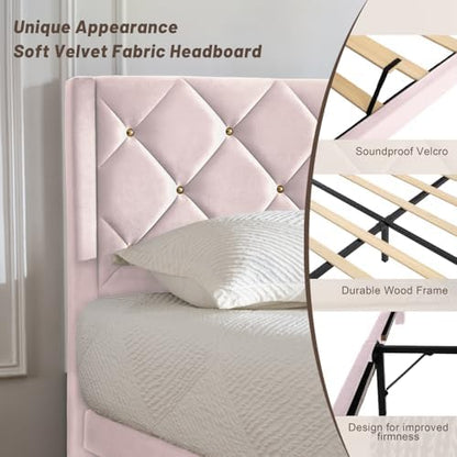 Queen Size Platform Bed Frame with Velvet Headboard