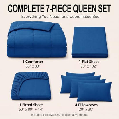 CozyLux Queen Comforter Set Classic Blue - 7 Pieces Bed in a Bag