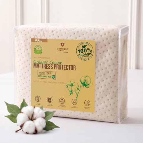 Luxury Waterproof Organic Mattress Protector Full Size - Organic Cotton Breathable Mattress Pad Cover - Premium 380 GSM 3D Air Fabric - Deep Pocket - Jersey Cotton Skirt - Fitted Design
