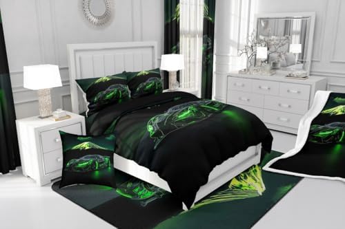 Extreme Sports Car Bed for Boys Green Race Car Comforter Queen Size Kids Racing Cars Quilt Set Boys Room Decor Cool 3D Cars Birthday Decorations for Toddler With 2 Pillow Cases Bedroom Decor-Soft Cozy