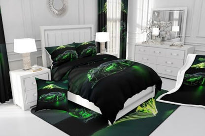 Extreme Sports Car Bed for Boys Green Race Car Comforter Queen Size Kids Racing Cars Quilt Set Boys Room Decor Cool 3D Cars Birthday Decorations for Toddler With 2 Pillow Cases Bedroom Decor-Soft Cozy