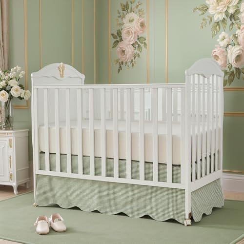 Brandream Scallop Edge Cotton Crib Skirt, Baby Boy, Baby Girl, Gender Neutral Crib Skirt Toddler Bedskirt Farmhouse Chic Nursery Crib Bed Skirt, Boho Bohemian Solid Green Gingham