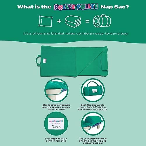 ROLLEE POLLEE Nap Sac Roll Up Napping Blanket with Attached Pillow for Preschool/Daycare, Super Soft with Elastic Straps, Fits Most Mats and Cots