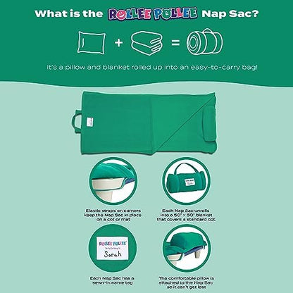 ROLLEE POLLEE Nap Sac Roll Up Napping Blanket with Attached Pillow for Preschool/Daycare, Super Soft with Elastic Straps, Fits Most Mats and Cots