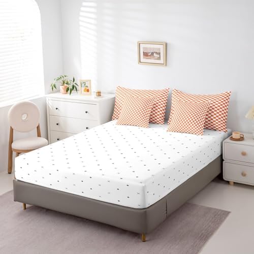 jejeloiu Orange and White Bedding Set 7Pcs King Size Kids Plaid Checkered Comforter Set with Sheets for Boys Girls Classic Grid Buffalo Check Bed in a Bag Soft Lightweight,Microfiber