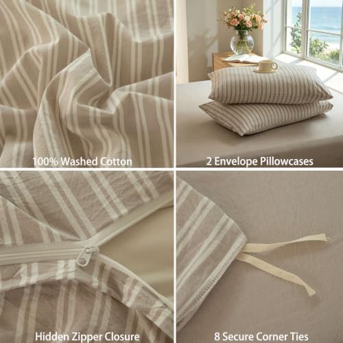 Striped Duvet Cover Set King Size 3 Piece 100% Washed Cotton Linen Like Textured Bedding Comfy Breathable (King, Double Stripe-Beige/White)