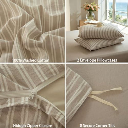 Striped Duvet Cover Set King Size 3 Piece 100% Washed Cotton Linen Like Textured Bedding Comfy Breathable (King, Double Stripe-Beige/White)