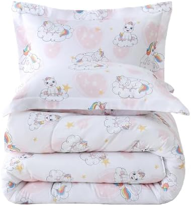 Yibeizi Kids Unicorn Full Bed Comforter Set Pink Heart Bedding