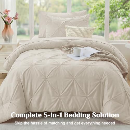 JOLLYVOGUE Twin Comforter Set 5 Pieces - Bed in a Bag Twin for All Season, Pintuck Bedding Comforter Sets with Comforter, Flat Sheet, Fitted Sheet and Pillowcases & Shams, Linen
