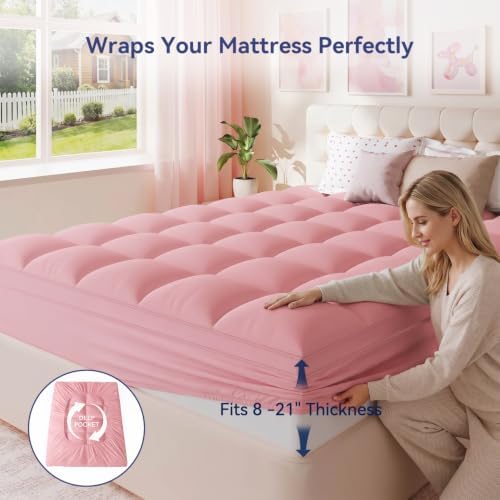 ELEMUSE Queen Pink Mattress Topper, Thick Pillow Top Mattress Pad