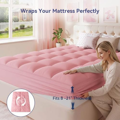 ELEMUSE Queen Pink Mattress Topper, Thick Pillow Top Mattress Pad