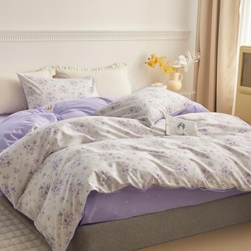 LifeTB Purple Flower Duvet Cover Full 100% Cotton Girls Floral Comforter Cover Vintage Style Botanical Flower Boho Floral Cottagecore Comforter Cover with 2 Pillowcases
