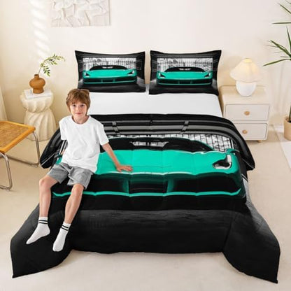 Feelyou Boys Teal Race Car Comforter Set King Size Teal Luxury Car Bedding Set for Kids Boys Girls Extreme Sports Duvet Quilt Fast and Furious Bedroom Decor 3 Pcs with 2 Pillow Cases