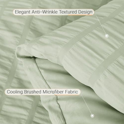 MUXHOMO 7 Pieces Oversized Queen Comforter Set, Seersucker Bed in a Bag Oversized Queen Size, All Season Luxury Bedding Set with Comforter, Flat Sheet, Fitted Sheet, Pillowcases & Shams, Light Green