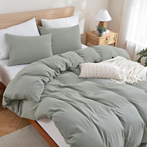 TOCOMOA 100% Muslin Cotton Duvet Cover Set, Sage Green, Queen