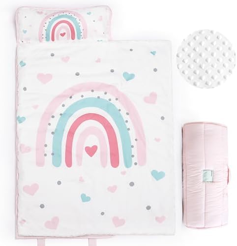 PHF Toddler Nap Mat with Removable Pillow and Minky Blanket, Rollup Design Kids Sleeping Mat, Slumber Bags for Girls, 50"x20" Toddler Sleeping Bag for Daycare Preschool Travel Camping, Rainbow