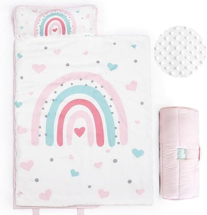 PHF Toddler Nap Mat with Removable Pillow and Minky Blanket, Rollup Design Kids Sleeping Mat, Slumber Bags for Girls, 50"x20" Toddler Sleeping Bag for Daycare Preschool Travel Camping, Rainbow