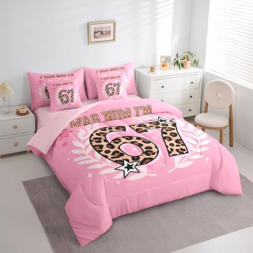 Erosebridal Six Seven Queen Bedding Sets for Girls Leopard Print 67 Comforter Set 7 Piece for Kids Birthday Gifts,Cartoon 67 Number Print Bed in A Bag Pink Kawaii Princess Sheet Set with Comforter