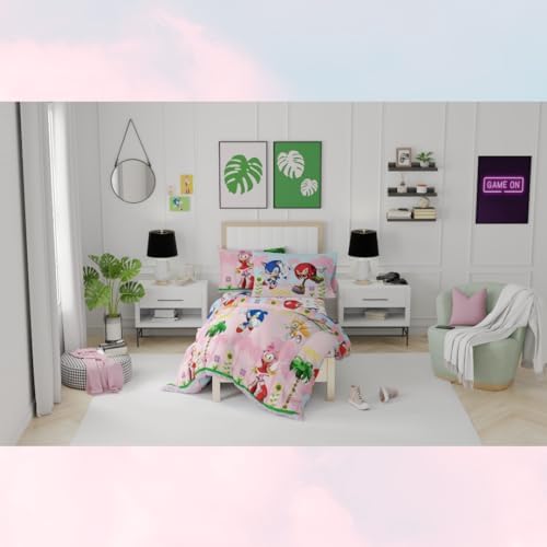 Franco Sonic the Hedgehog Amy Rose Anime Kids Bedding Super Soft Comforter and Sheet Set with Sham, 5 Piece Twin Size, (Officially Licensed Product)
