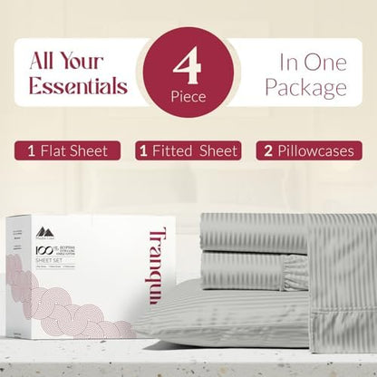 Mayfair Linen Egyptian Cotton Sheets King Size - Luxury 800 Series High Thread Count King Sheets (4 PC, Silver - Stripe) Soft Cooling 16" Deep Pocket Hotel Quality Bed Sheet Set - Tranquil Collection