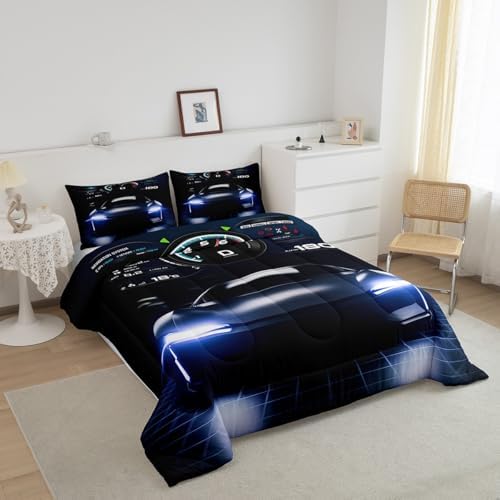 Erosebridal Teens Race Car Comforter Set Twin Size, Kids Cool Speed Racing Car Quilt Set, Extreme Sport Bedding Set for Boys Youth Adult Bedroom, Black Automobile Quilted Duvet for Bedroom