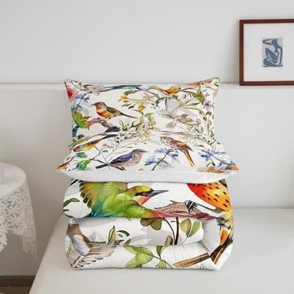 Homewish Birds Pattern King Size Comforter Set,Kids Spring Flowers Decor All Season Bedding Set,Teens Colorful Comforter,Garden Decor Quilt Set Bedroom Collection 3Pcs