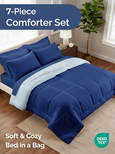 Queen Comforter Set - 7 Piece Reversible Bed in a Bag - Navy Blue/Sky Blue