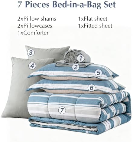 Queen Comforter Set Coastal Striped Royal Blue 7 Pieces Bed in a Bag