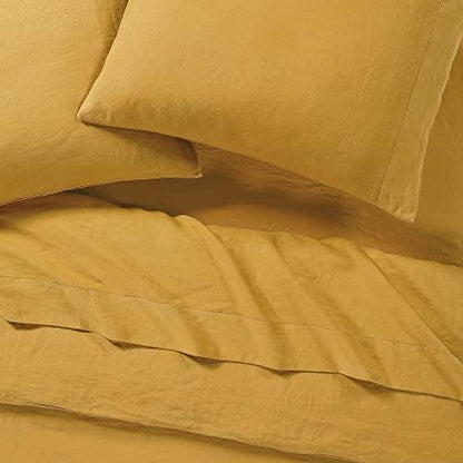 Sijo Stone Washed Organic French Linen Bed Sheet Set, GOTS Certified Organic, Best Cooling Linen Sheet Award by Sleep Foundation, 3 Piece - 2 Pillowcases and 1 Fitted Sheet (Turmeric, Cal King)