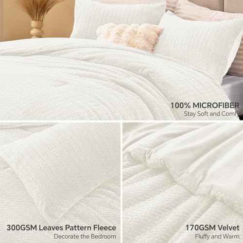 ChiXpace Fleece Twin Size Comforter Set White, Fluffy Bed Set 2 Pieces