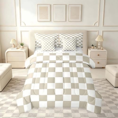 Feelyou Checkered 7 Piece Bedding Set Teen Women Men Beige Plaid Comforter Set with Sheets King Size Kids Boys Cute Retro Neutral Checkerboard Geometric Bed in a Bag Vintage Aesthetic Room Decor