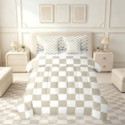 Feelyou Checkered 7 Piece Bedding Set Teen Women Men Beige Plaid Comforter Set with Sheets King Size Kids Boys Cute Retro Neutral Checkerboard Geometric Bed in a Bag Vintage Aesthetic Room Decor