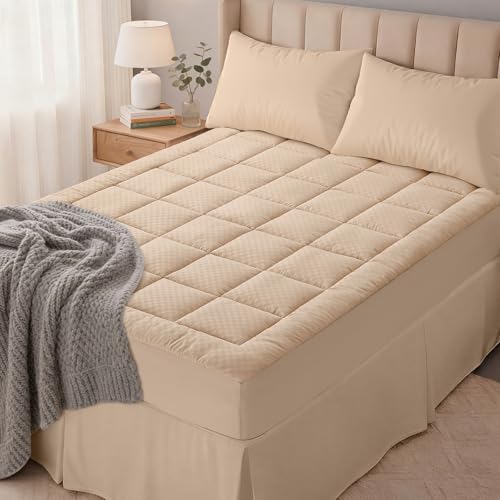 OLANLY Queen Quilted Fitted Mattress Pad, Down Alternative Fill, Beige