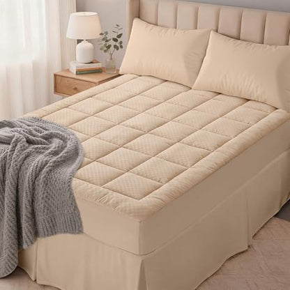 OLANLY Queen Quilted Fitted Mattress Pad, Down Alternative Fill, Beige