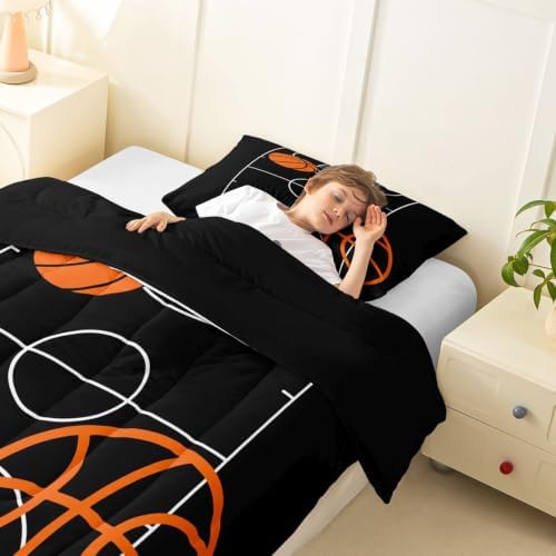Homewish Basketball Comforter Set Sports Theme Bedding Set for Kids Girls Women Adults Basketball Court Comforter Black and Orange Quilted Duvet Set Bedroom Collection Twin Size 2Pcs